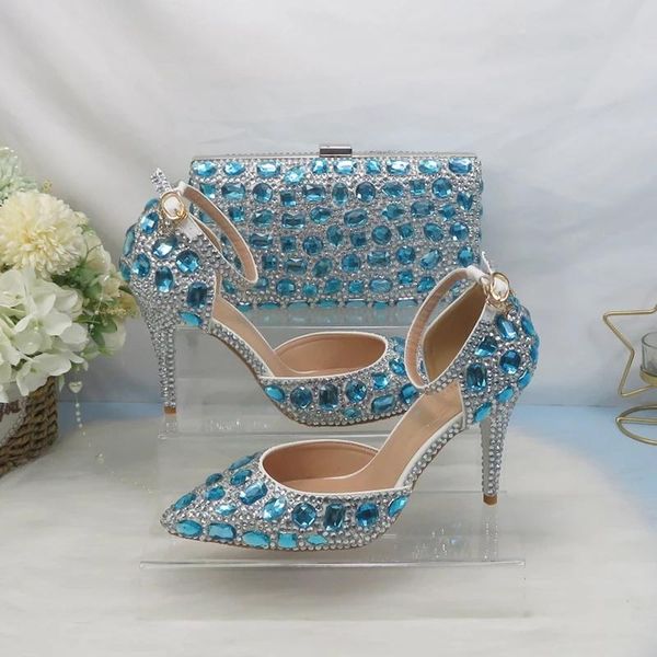 dress shoes fashion bride wedding with bag set blue pointed toe sandals ankle strap crystal bridesmaid party rhinestone, Black